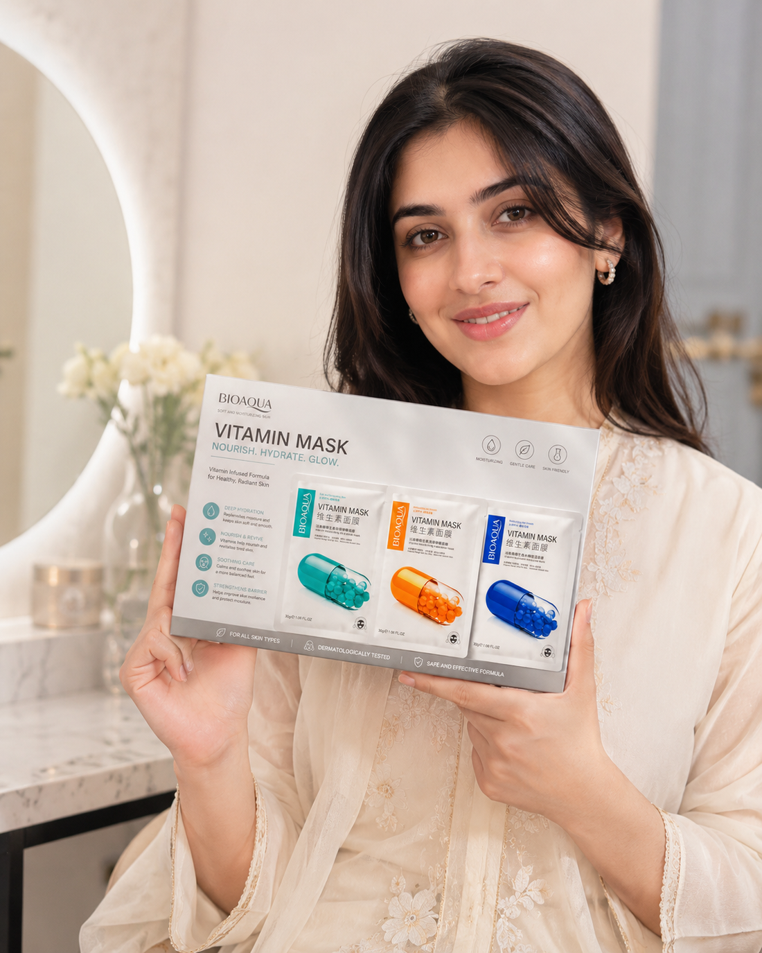 BIOAQUA Vitamin Mask Set held on camera, one of the sheet mask options featured in this Pakistan face masks guide