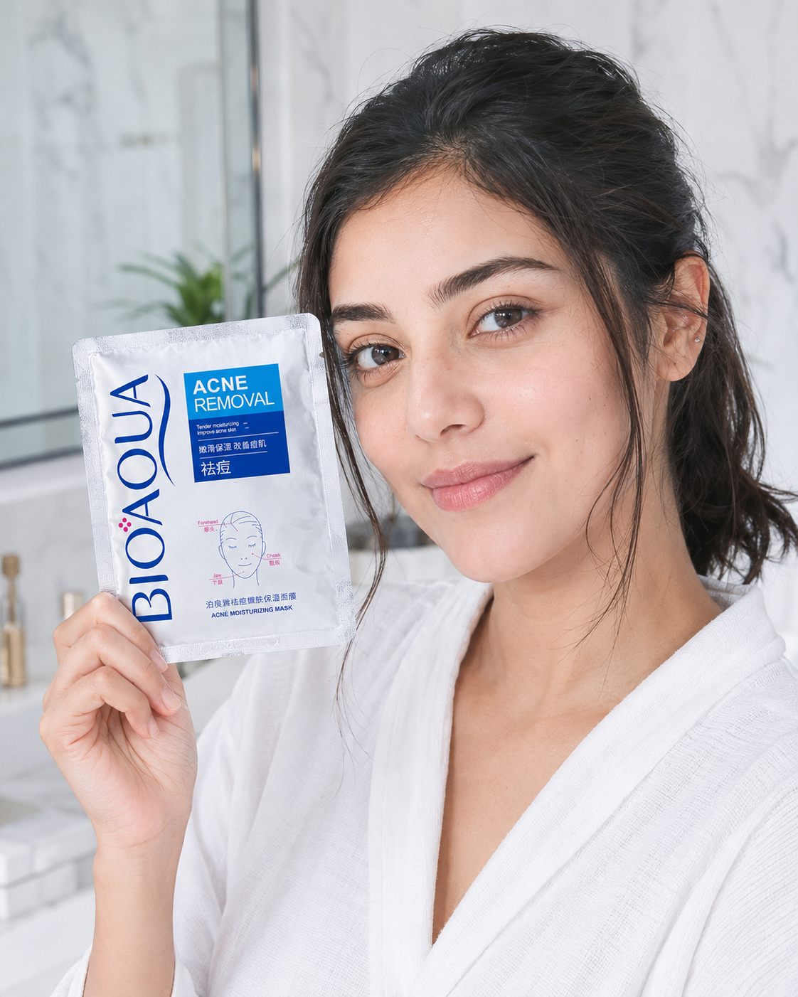 Woman holding a BIOAQUA acne removal mask | BIOAQUA Acne Removal Moisturizing Mask