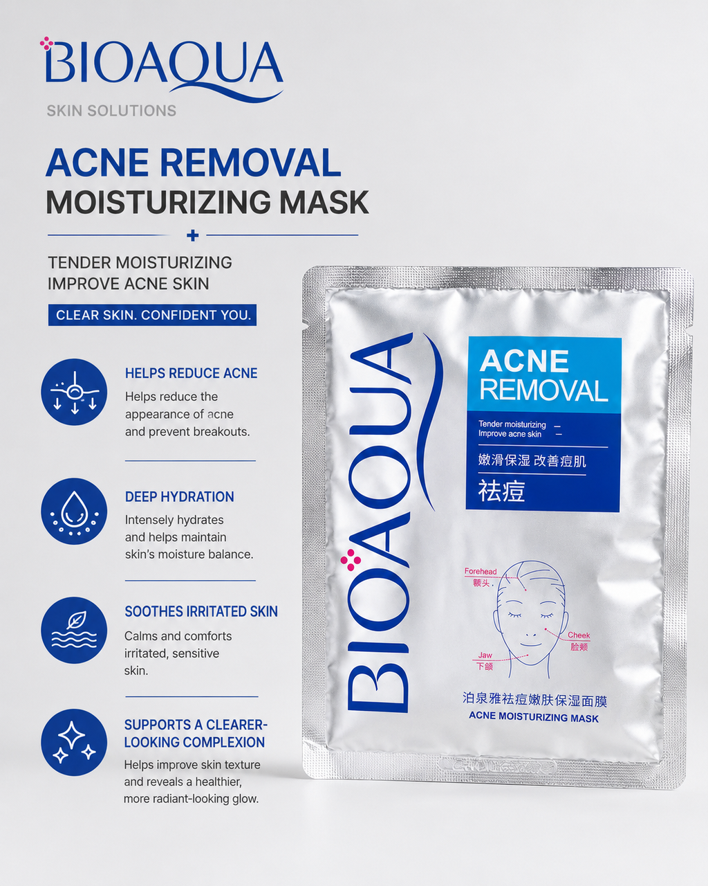 Bioaqua acne removal moisturizing mask packaging with product details  | BIOAQUA Acne Removal Moisturizing Mask