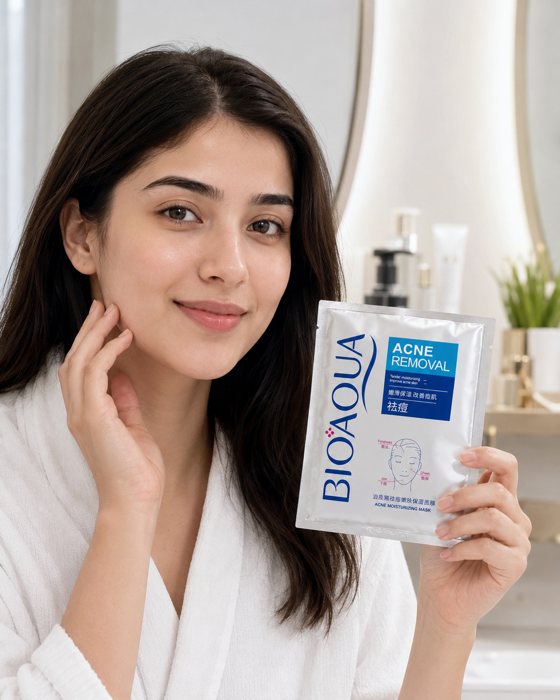 Woman holding a Bioaqua acne removal mask | BIOAQUA Acne Removal Moisturizing Mask