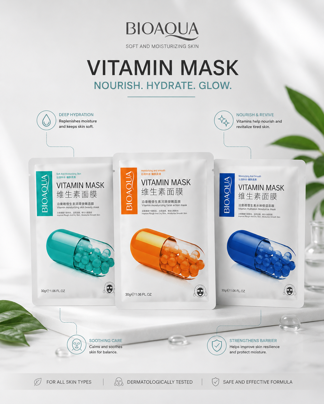 Bioaqua vitamin face mask packaging with features | BIOAQUA Vitamin Mask Set