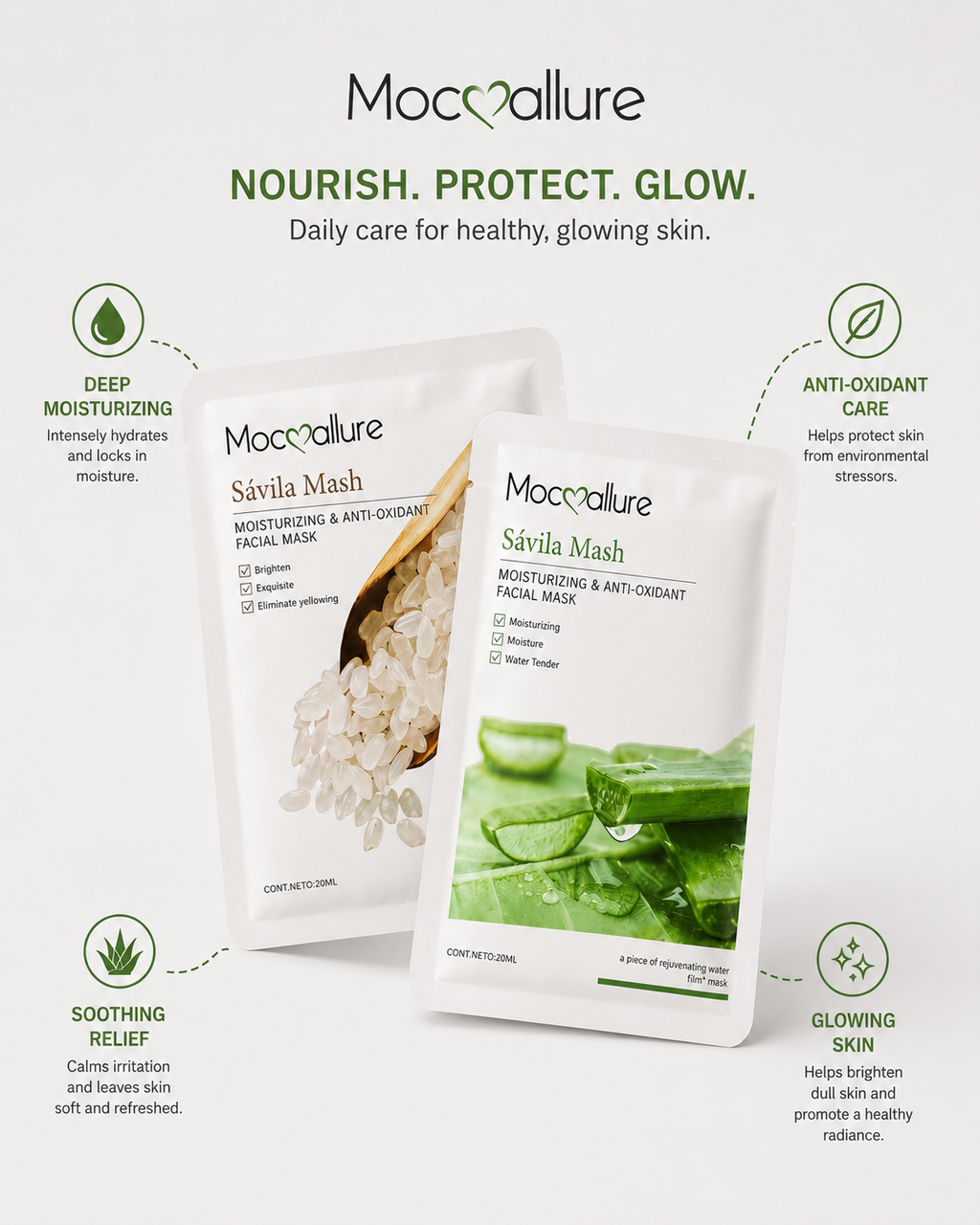 Two Moccallure Savila Mash facial mask packages with product details | Mocallure Sávila Mash Facial Mask Set
