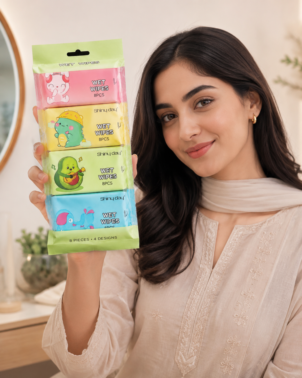 Woman holding a pack of children's wet wipes | Shiny Day Pocket Wet Wipes Set