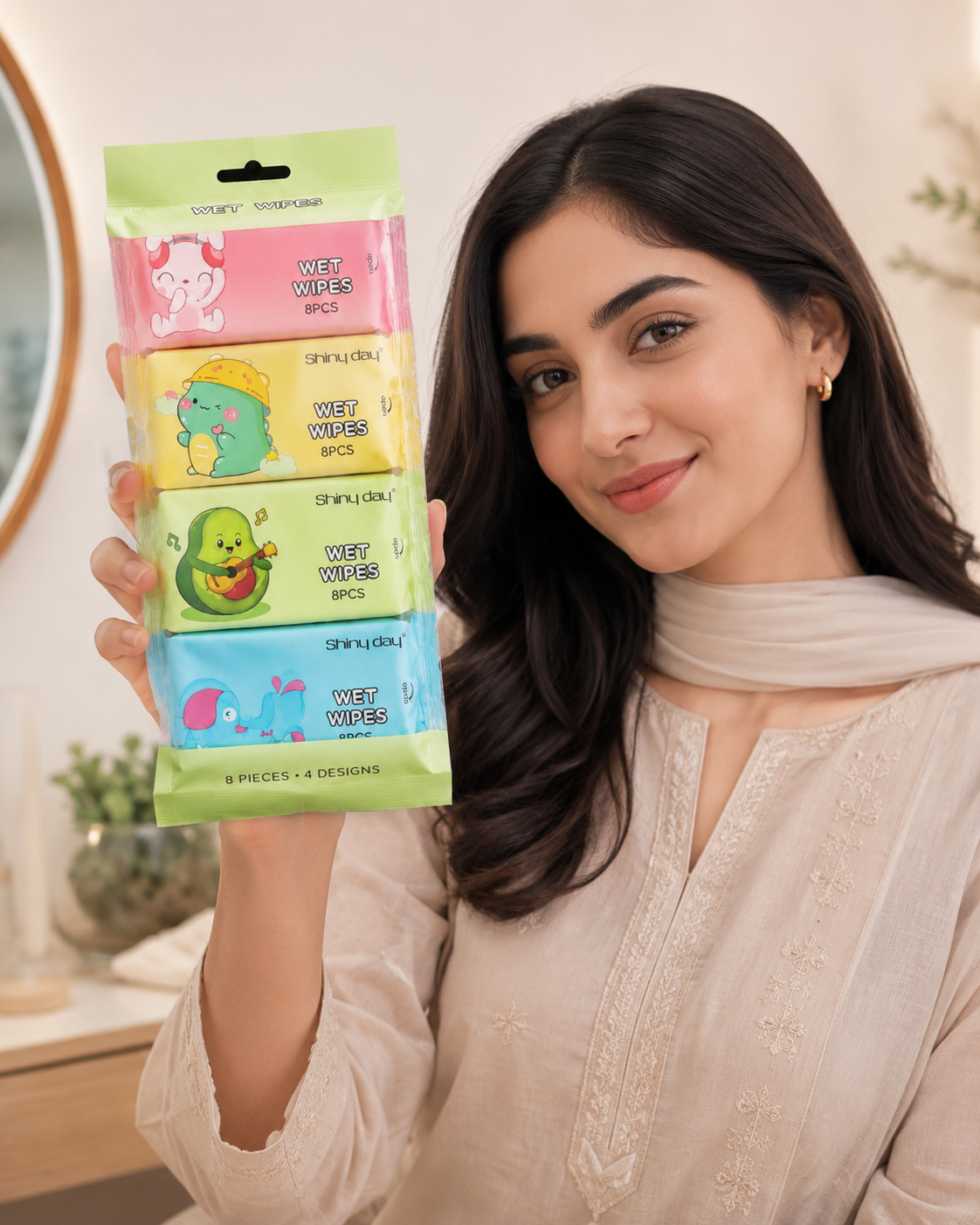 Woman holding a pack of children's wet wipes | Shiny Day Pocket Wet Wipes Set