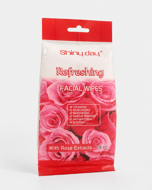 Shiny Day Refreshing Facial Wipes packaging with pink roses | Shiny Day Rose Facial Wipes