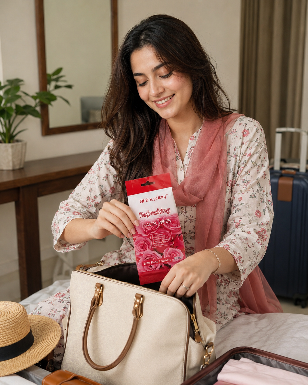Woman packing a bag with a Facial Wipes | Shiny Day Rose Facial Wipes