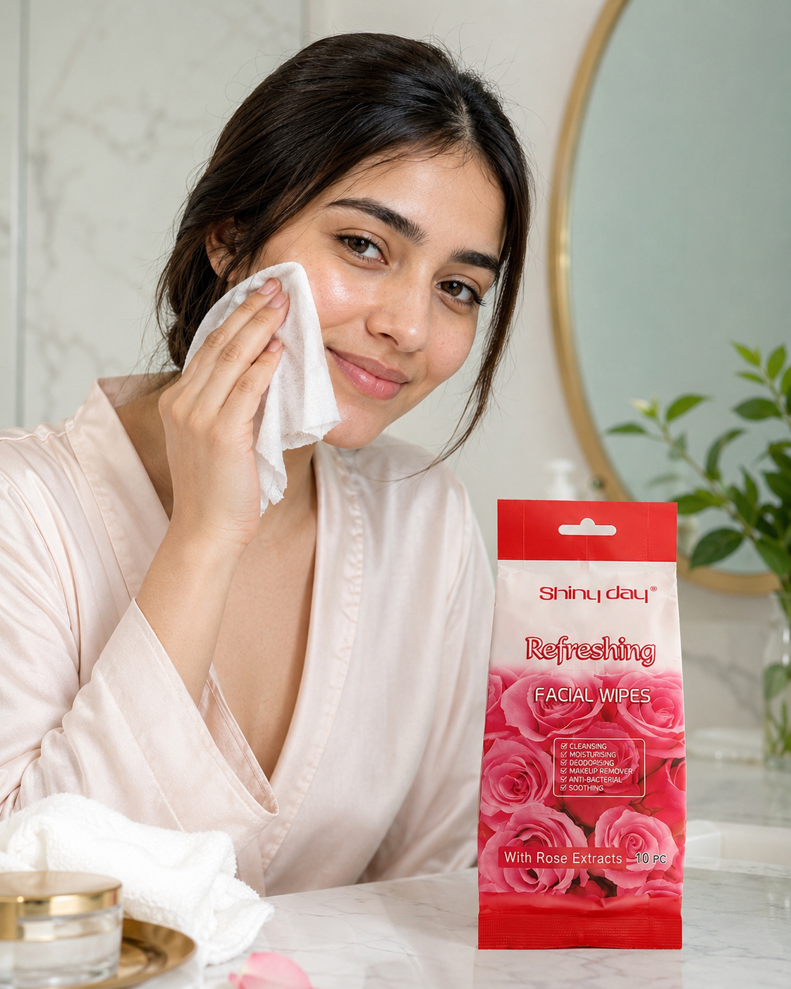 Woman applying facial wipes with a box of Shining Day refreshing facial wipes | Shiny Day Rose Facial Wipes