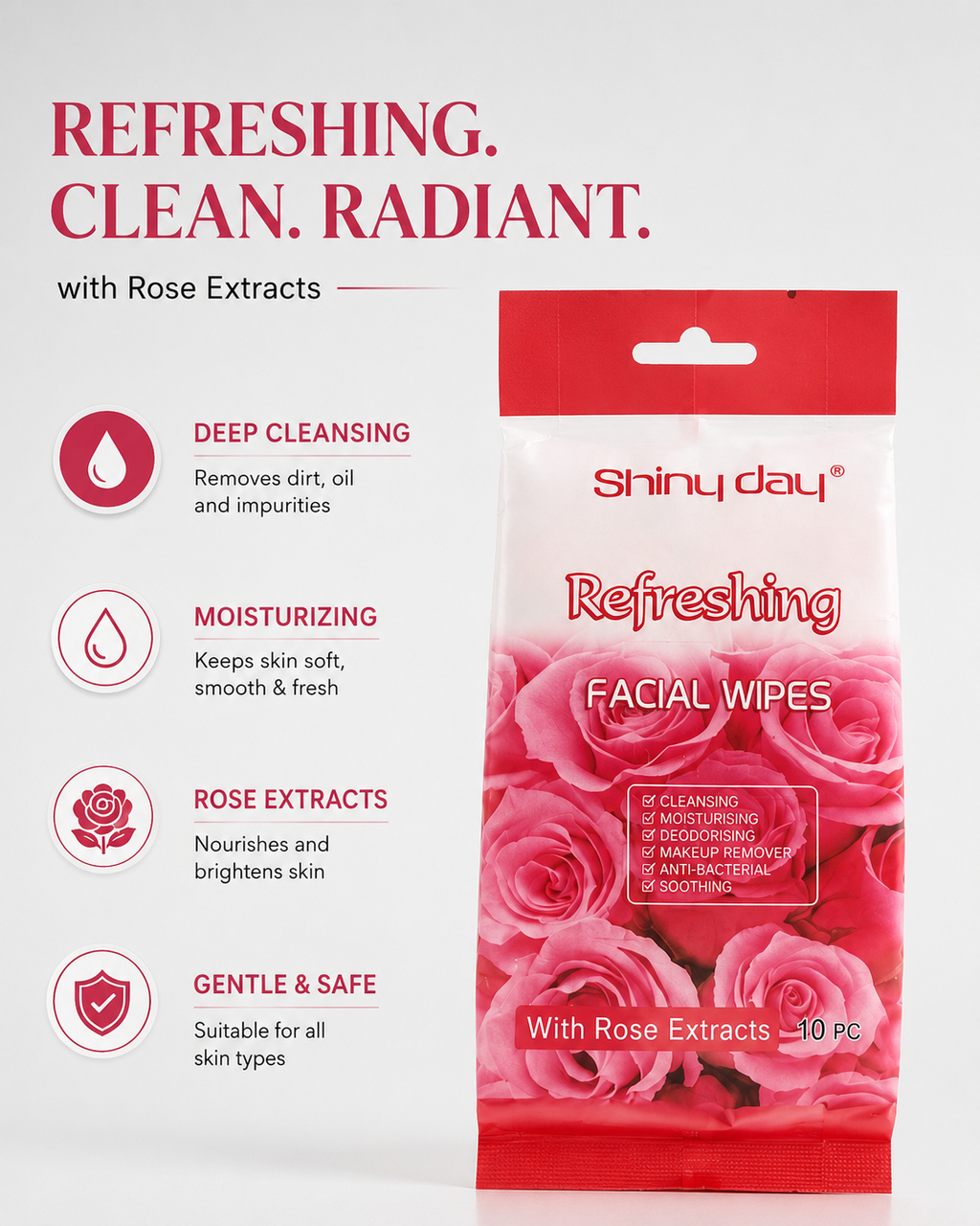 Shiny Day Refreshing Facial Wipes packaging with rose extracts | Shiny Day Rose Facial Wipes