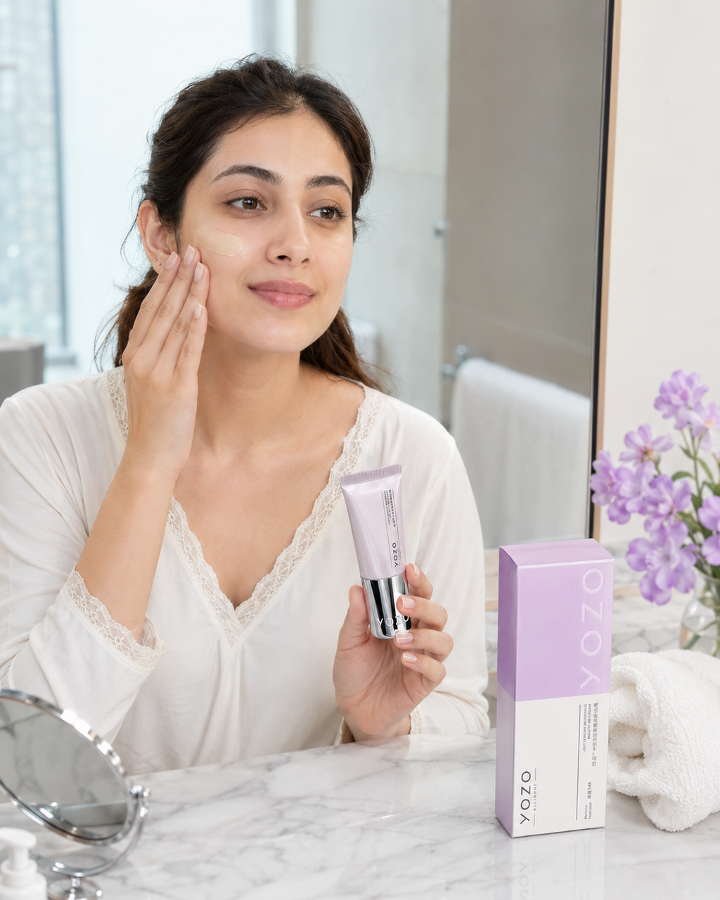 Woman applying skincare product in front of a mirror with a YOZO box on the counter | Yozo Brightening BB Cream