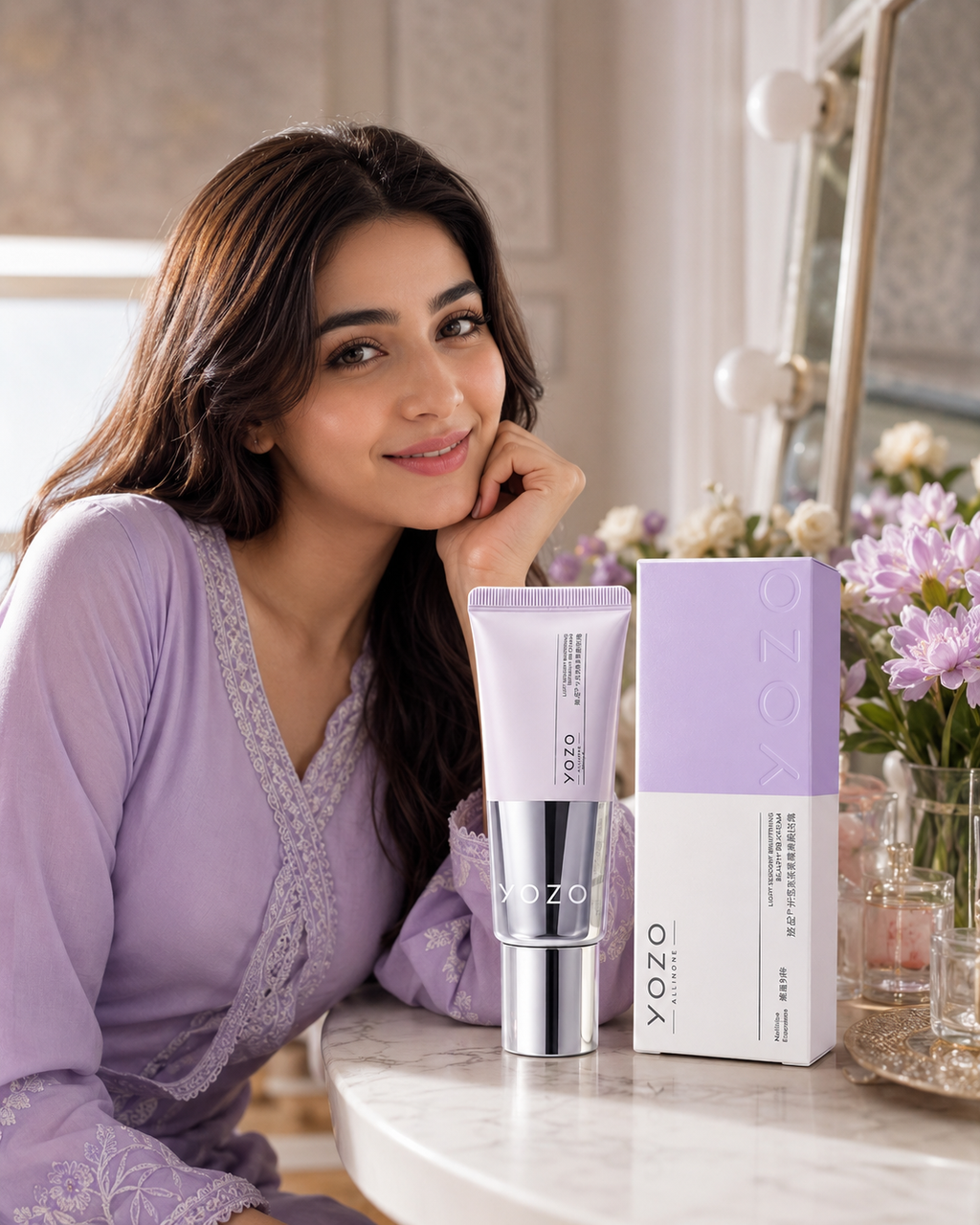 Woman in a purple outfit with YOZO BB Cream products | Yozo Brightening BB Cream
