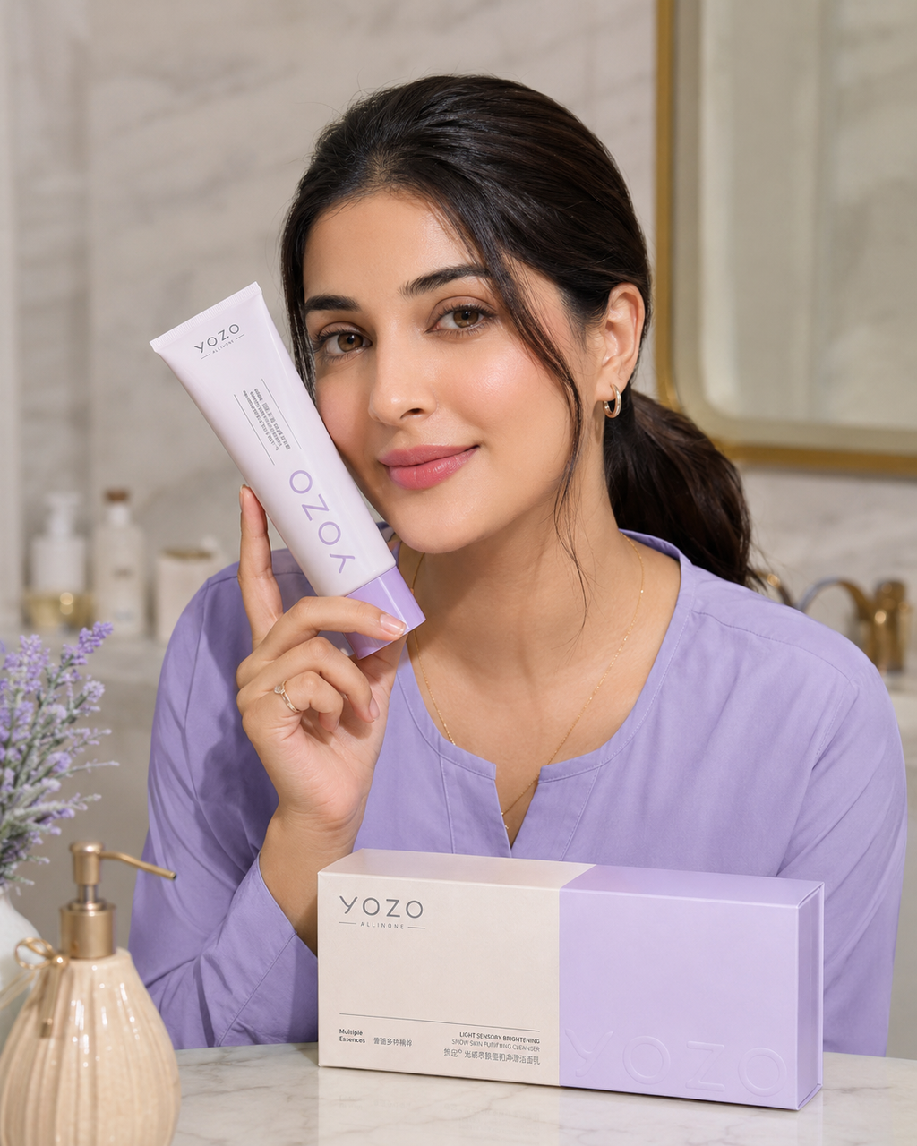 Woman holding a YOZO product in a bathroom setting | Yozo Snow Skin Purifying Cleanser | Cleanser