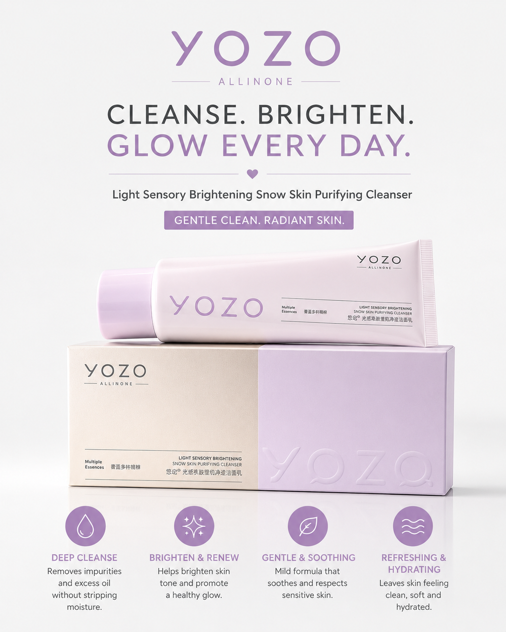 Yozo skincare products with packaging on a white background | Yozo Snow Skin Purifying Cleanser | Cleanser