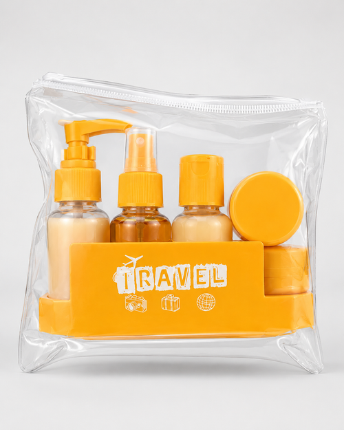 Set of travel-sized skincare bottles with pump and spray heads in a clear pouch labeled 'Travel'. | Yozo Travel Bottle Set