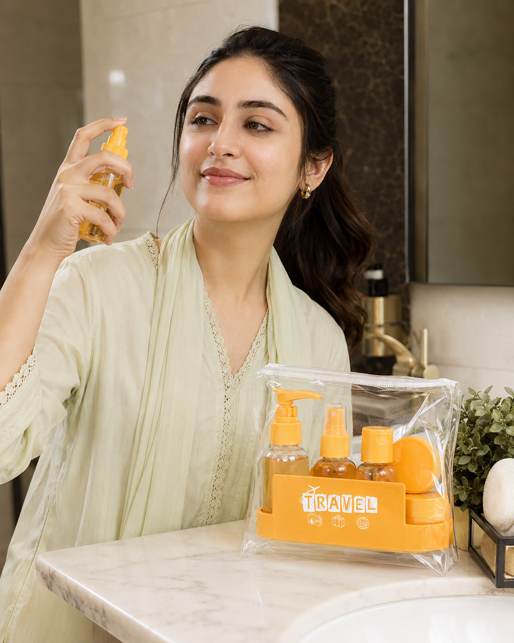 Woman holding a travel-sized skincare product set | Yozo Travel Bottle Set