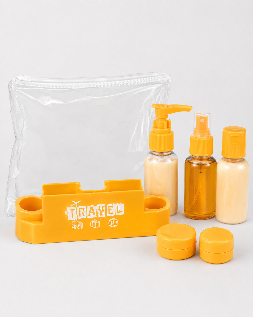 Set of travel-sized bottles with a clear pouch and organizer | Yozo Travel Bottle Set