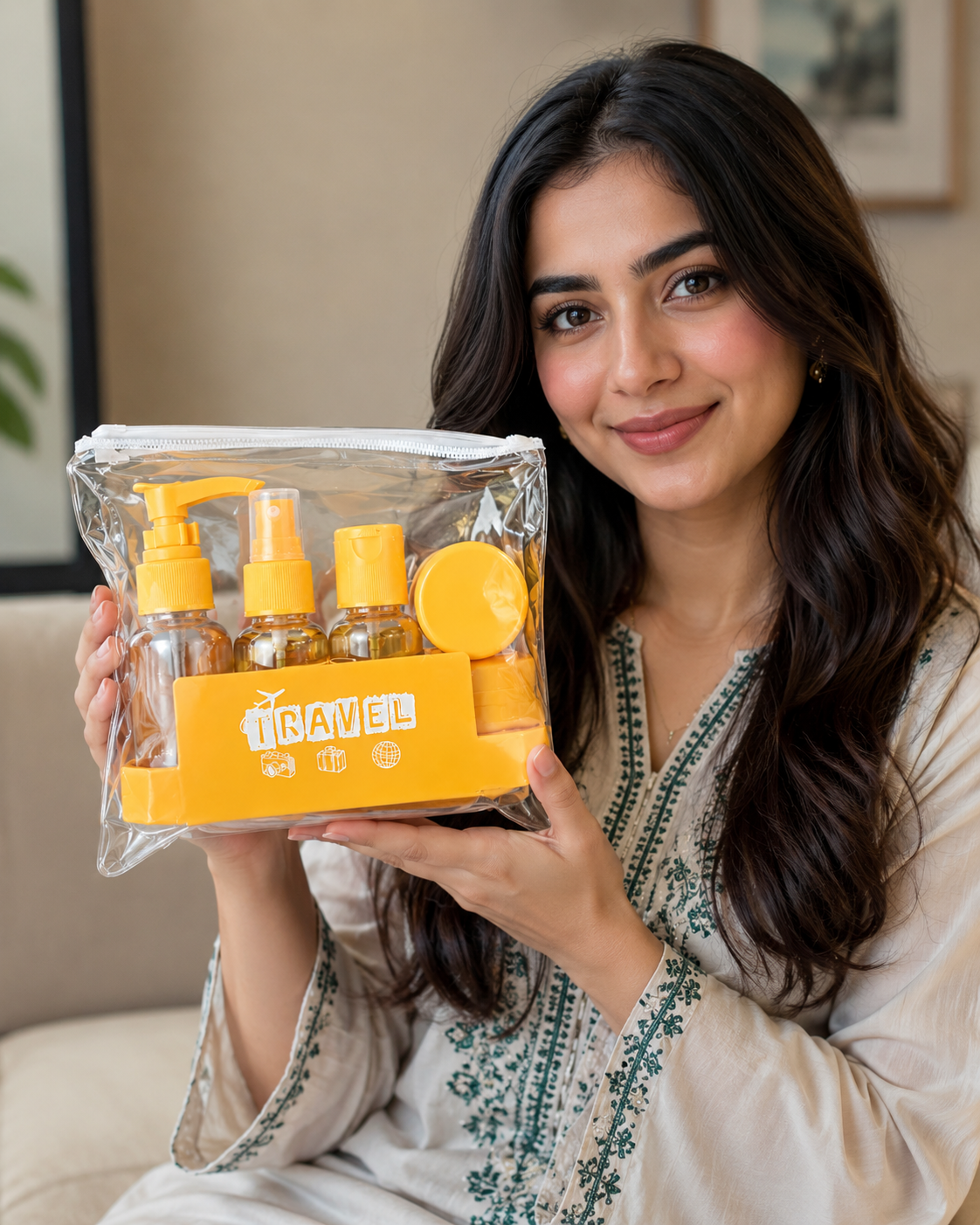 Woman holding a clear travel bag |Yozo Travel Bottle Set